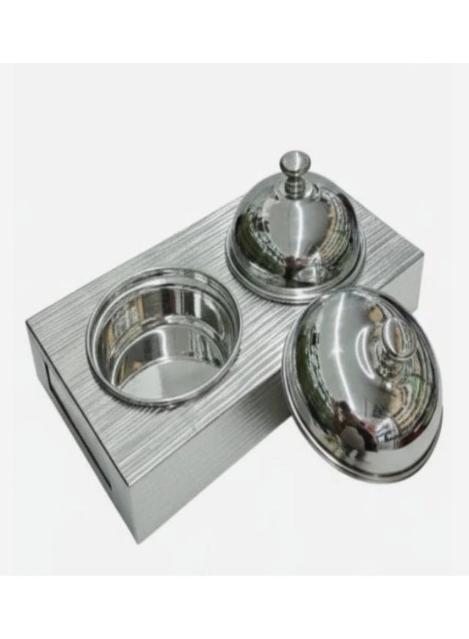 أي كي دي سي طقم أوعية حلوى AKDC مع حامل (قطعتان) - معدن فاخر بلمسة نهائية فضية، طقم تقديم حلويات أنيق للطاولة، 17 × 14 × 10 سم - Image 2